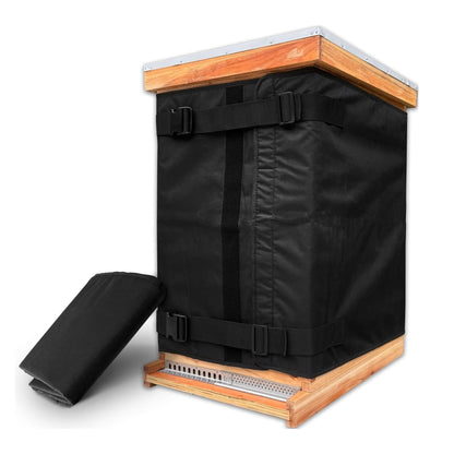 A black fabric beekeeping temperature and humidity chamber with a wooden frame, shown with its lid folded over on a white background.
