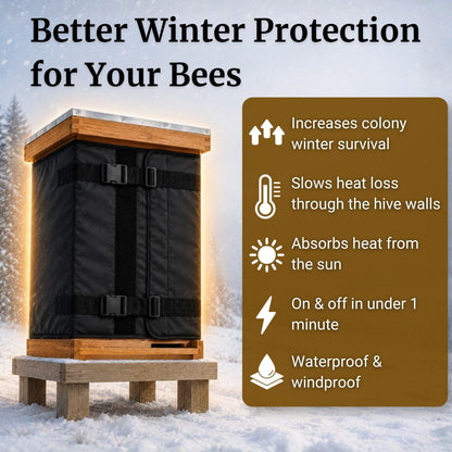A winter bee hive cover shown in a snowy outdoor setting, with text reading 'Better Winter Protection for Your Bees' and a brown feature list on the right highlighting benefits like increased colony winter survival and waterproofing.