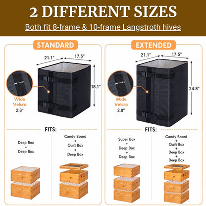 An informational size chart for a black Langstroth hive storage bag, showing two versions: Standard and Extended. The chart includes dimensions for both versions, a close-up of the wide velcro panel, and diagrams showing how the bag fits different sized wooden beekeeping boxes.